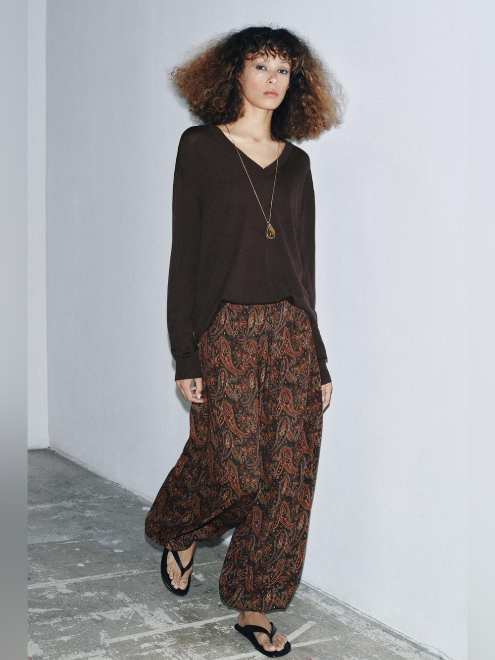 Zara Brown Paisley Wide-Leg Trousers